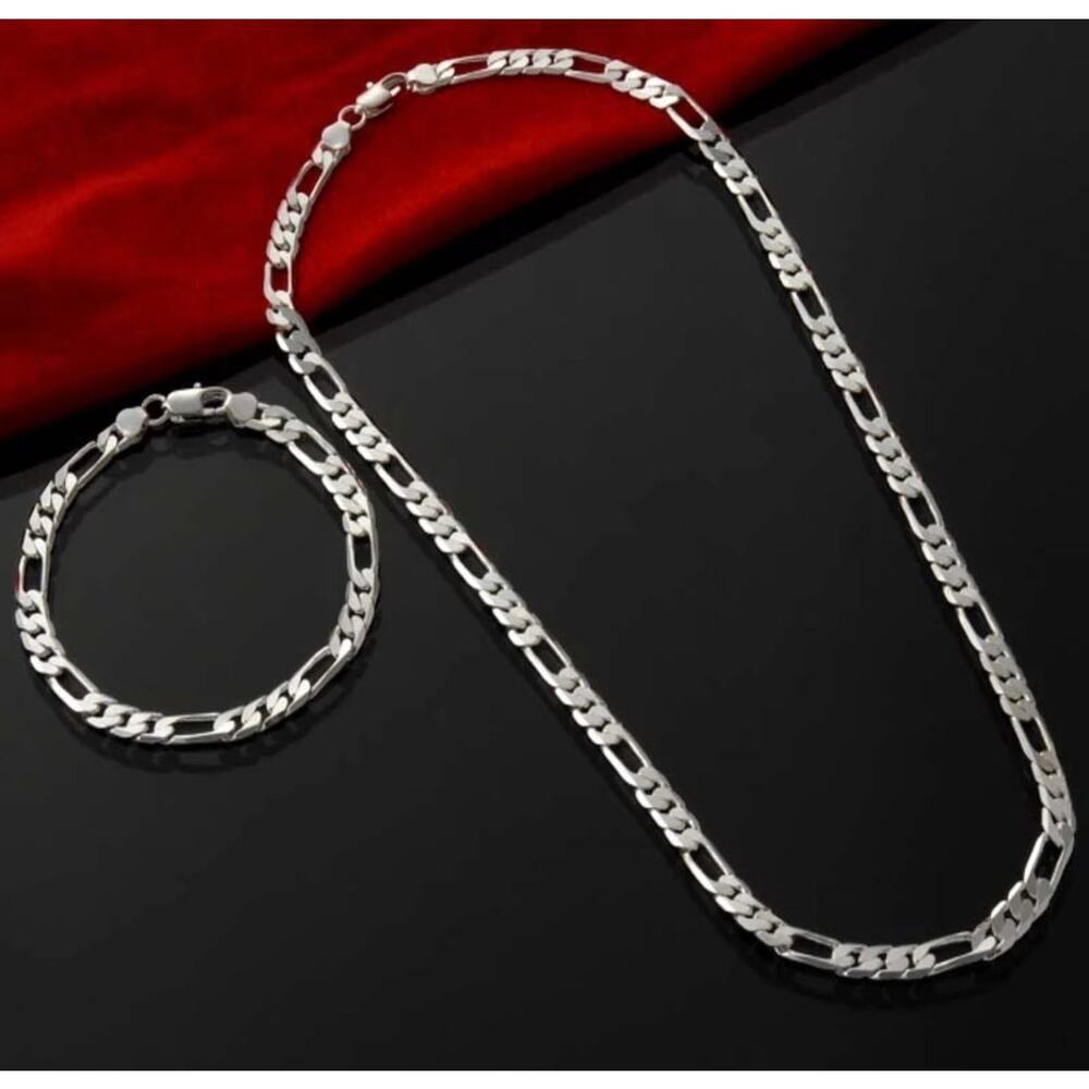 Set 925 Stamp Color Silver Stamp chain 4MM Figaro 18” Necklace 7” bracelet